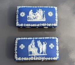 2x Boîte en jaspe Wedgwood antique du 19e siècle avec figures bleues et allume-bougies