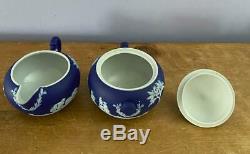 4 Pcs Antique Wedgwood Cobalt Set Bleu Dip Jasperware Tea Teapot Incl 1903 Plate