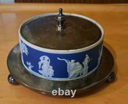 Ancien Wedgwood TRÈS RARE plat à bibelots Jasperware de 1875 avec couvercle/base EP, 12 cm x 5 cm