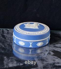 Ancien pot à patch / boîte à poudre Wedgwood en jasperware bleu cobalt néoclassique