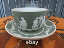 Ancienne Wedgwood Green Jasperware Glazed Tea Cup Saucer Set Sacrifice Figurines