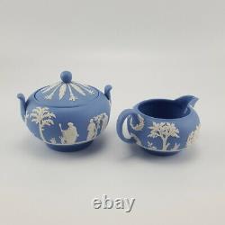 Années 1950 Wedgwood Blue Jasperware Grande Théière Lait Cruche Lidded Sugar Bowl Vgc