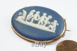 Antique Anglais 9ct Or Wedgwood Bleu Jasperware Cherubs Cameo Brooch C1900