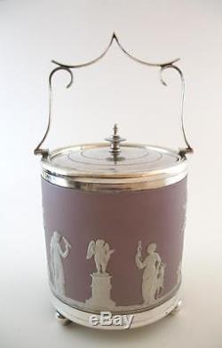 Antique C1900 Wedgwood Lilas Jasper Ware Biscuit Barrel Silver Plated Mounts