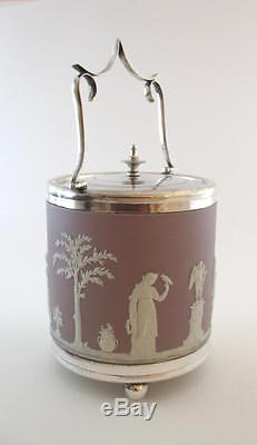 Antique C1900 Wedgwood Lilas Jasper Ware Biscuit Barrel Silver Plated Mounts