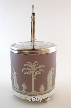 Antique C1900 Wedgwood Lilas Jasper Ware Biscuit Barrel Silver Plated Mounts