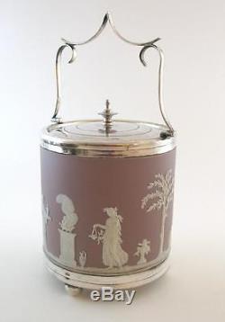 Antique C1900 Wedgwood Lilas Jasper Ware Biscuit Barrel Silver Plated Mounts