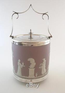 Antique C1900 Wedgwood Lilas Jasper Ware Biscuit Barrel Silver Plated Mounts