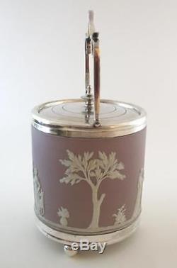 Antique C1900 Wedgwood Lilas Jasper Ware Biscuit Barrel Silver Plated Mounts