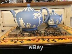 Antique Wedgwood Angleterre Bleu Jasperware Couvert Et Teapot Pot De Sucre Avec Couvercle