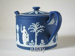 Antique Wedgwood Bleu Cobalt Dip Jasperware Lg. Brewster Teapot Fin Des Années 1800