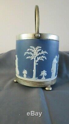 Antique Wedgwood Bleu Cobalt Jasperware Biscuit Barrel Argent Plaque Couvercle C 1895