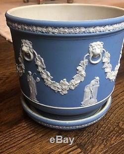 Antique Wedgwood Blue Jasperware Grand Jardinière Planter Pot With Under Plate