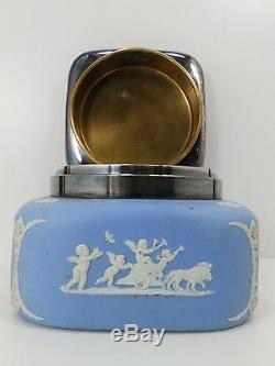 Antique Wedgwood Blue Jasperware Heded Embossed Silver Lidded Biscuit Tea Pot