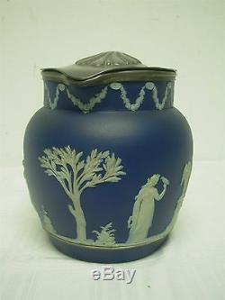 Antique Wedgwood Dark Blue Jasperware Pitcher Avec Pewter LID 6