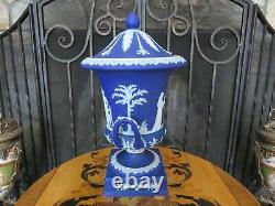 Antique Wedgwood Dark Blue Jasperware Tall Campana Lidded Pedestal Urn Vase