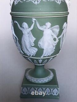 Antique Wedgwood Dipped Green Jasperware Heures De Danse Vase & Cover