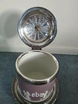 Antique Wedgwood Jasperware Lilac Biscuit Jar Avec Argent Orné Top & Base Rare