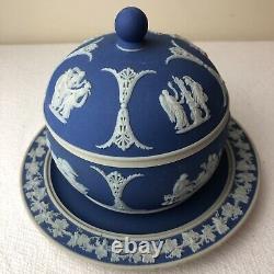 Antique Wedgwood Pot De Miel Bleu Foncé Beehive Avec LID & Attached Plate Htf Sucre