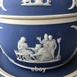 Antique Wedgwood Pot De Miel Bleu Foncé Beehive Avec LID & Attached Plate Htf Sucre