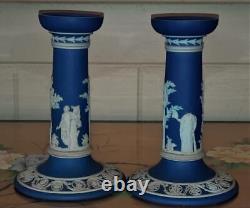 Beaux bougeoirs néo-classiques en jaspe Wedgwood antique trempé C 1898