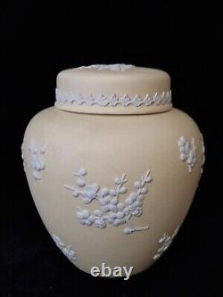 Belle poterie vintage Wedgwood en jaspe jaune avec couvercle et motif de fleurs de prunier