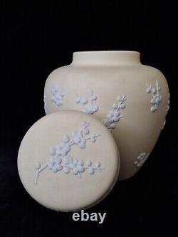Belle poterie vintage Wedgwood en jaspe jaune avec couvercle et motif de fleurs de prunier