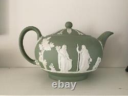 Blanc Vert Vintage Wedgwood Jasperware Teapot Teacups Soucoupes Set Rare Antique