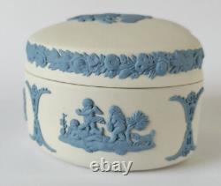 Boîte à bijoux Wedgwood bleue sur jaspe blanc Aurora et boîte à haricots Chariot