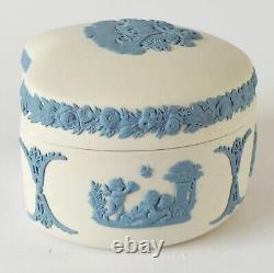 Boîte à bijoux en jaspe Wedgwood bleu sur blanc Aurora et boîte à haricots Chariot