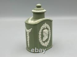 Boîte à thé Wedgwood Jasperware vert sur blanc avec camée en relief