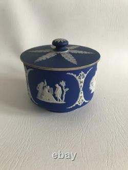 Bonbonnière ancienne Wedgwood avec couvercle, en grès à revêtement de jaspe bleu, vers 1860-1890