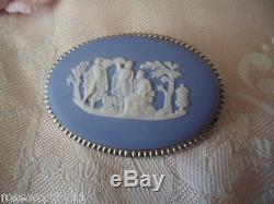 Broche Vintage Wedgwood Pin Bleu Blanc Jasperware Argent Sterling Dans Boite Orig.