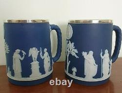 C Antique Années 1930 Wedgwood Blue Jasperware Sterling Silver Elkington Tankards