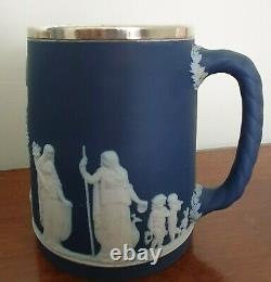 C Antique Années 1930 Wedgwood Blue Jasperware Sterling Silver Elkington Tankards