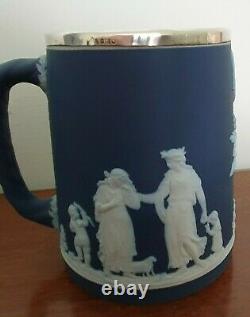 C Antique Années 1930 Wedgwood Blue Jasperware Sterling Silver Elkington Tankards