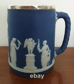 C Antique Années 1930 Wedgwood Blue Jasperware Sterling Silver Elkington Tankards