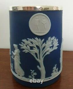 C Antique Années 1930 Wedgwood Blue Jasperware Sterling Silver Elkington Tankards