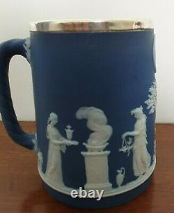 C Antique Années 1930 Wedgwood Blue Jasperware Sterling Silver Elkington Tankards