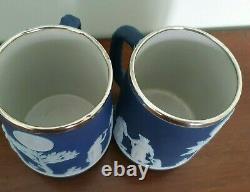 C Antique Années 1930 Wedgwood Blue Jasperware Sterling Silver Elkington Tankards