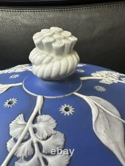 Dôme à fromage en jaspe bleu Wedgwood antique avec couvercle en relief botanique