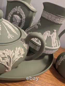 Ensemble de 7 pièces de plateau à thé en jaspe Wedgwood vert et blanc