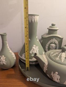 Ensemble de 7 pièces de plateau à thé en jaspe Wedgwood vert et blanc