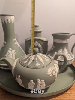 Ensemble de 7 pièces de plateau à thé en jaspe Wedgwood vert et blanc