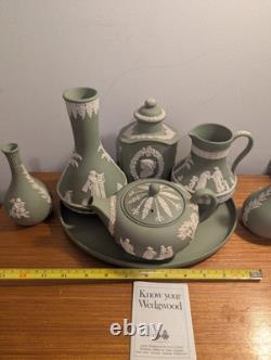 Ensemble de 7 pièces de plateau à thé en jaspe Wedgwood vert et blanc