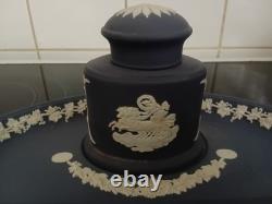 Excellent encrier de bureau et support Wedgwood Portland bleu et blanc en jaspe jasperware