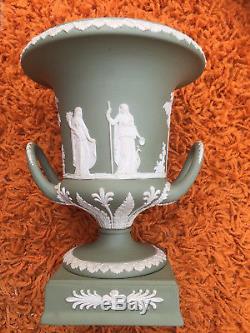 Lge À Pied 2 Vase D'urne Manipulé Green Jasperware Wedgwood Angleterre Rare 50's Jasper