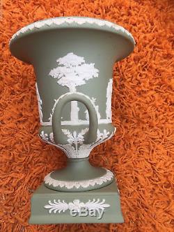 Lge À Pied 2 Vase D'urne Manipulé Green Jasperware Wedgwood Angleterre Rare 50's Jasper