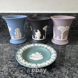 Lot de 3 vases Wedgwood Jasperware lilas, bleu et noir et vide-poche bleu canard – Très bon état