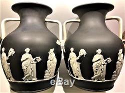 Paire (2) C. 1877 Wedgwood Black Dip Jasperware 10.5 Vase Portland Code Csf